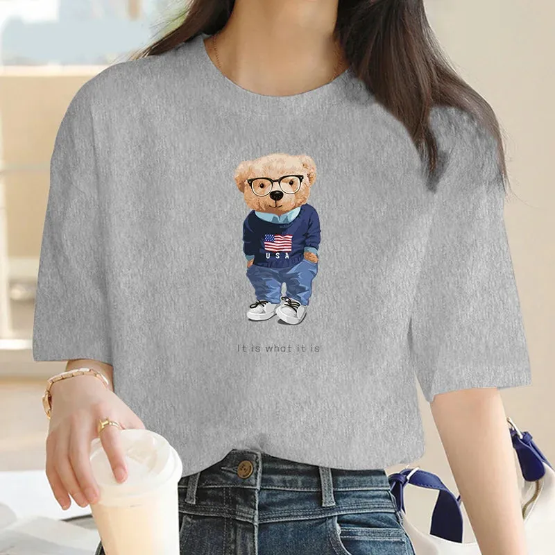 Oversized Y2K Cartoon Bear Print T-Shirt for Women - Summer Casual Short Sleeve Top with Splicing Design