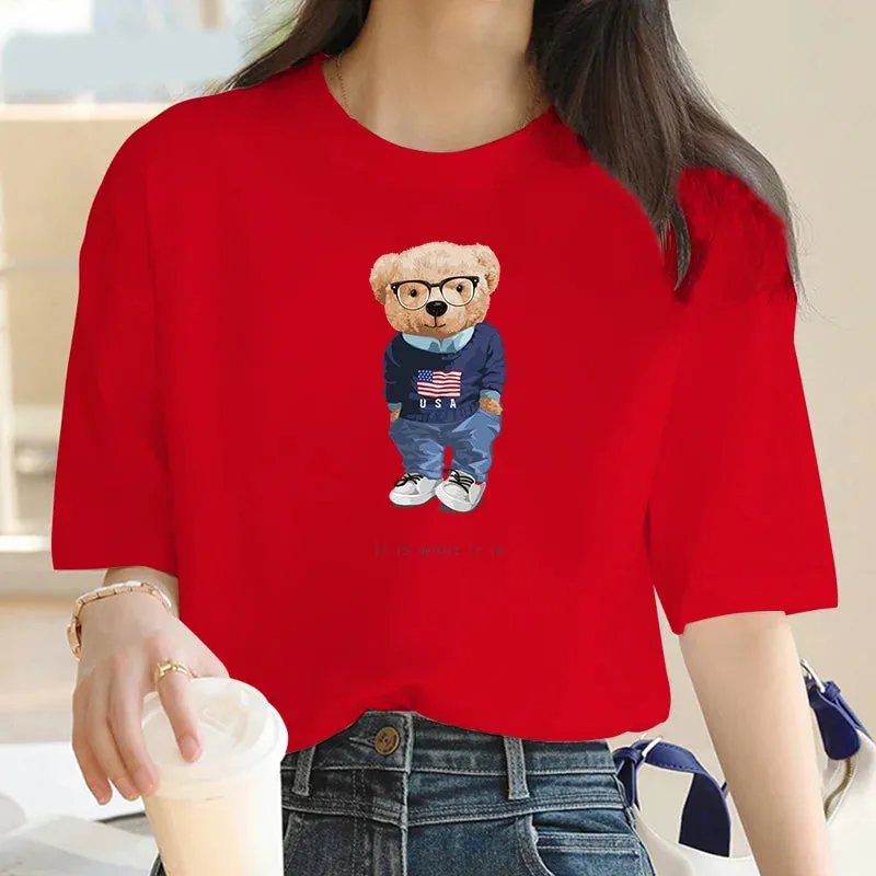 Oversized Y2K Cartoon Bear Print T-Shirt for Women - Summer Casual Short Sleeve Top with Splicing Design