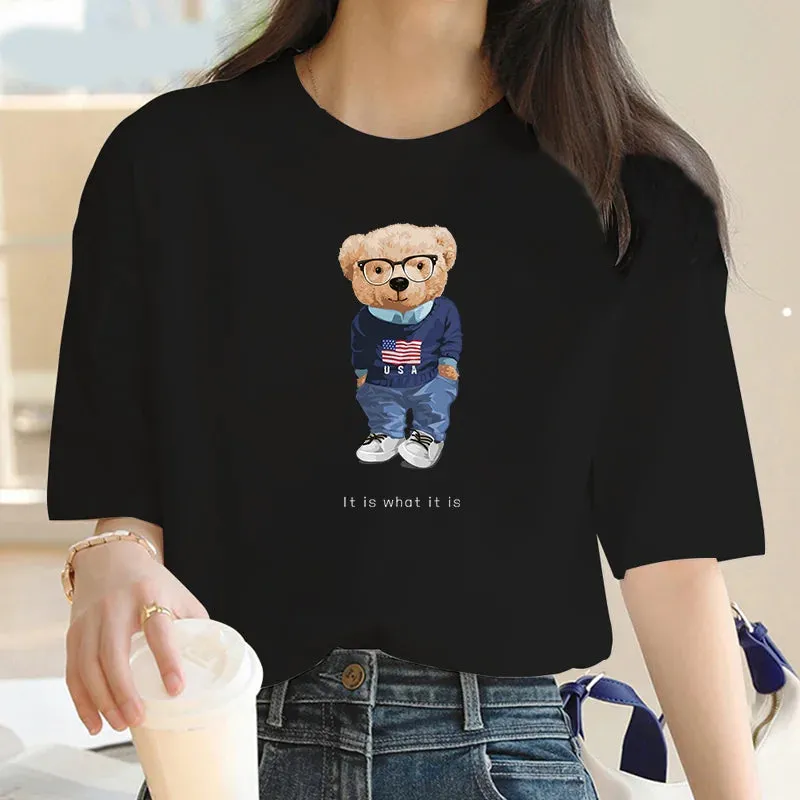 Oversized Y2K Cartoon Bear Print T-Shirt for Women - Summer Casual Short Sleeve Top with Splicing Design
