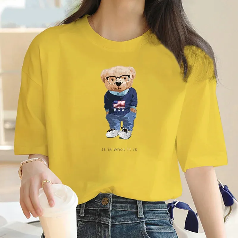 Oversized Y2K Cartoon Bear Print T-Shirt for Women - Summer Casual Short Sleeve Top with Splicing Design
