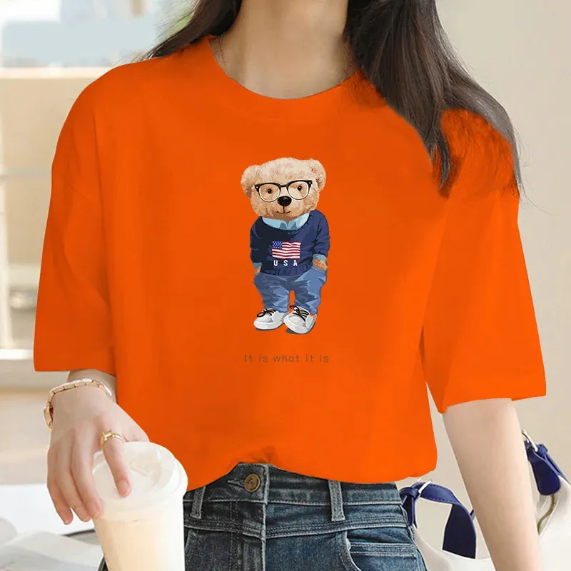 Oversized Y2K Cartoon Bear Print T-Shirt for Women - Summer Casual Short Sleeve Top with Splicing Design
