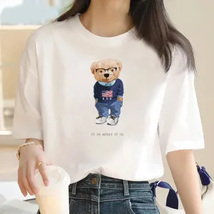 Oversized Y2K Cartoon Bear Print T-Shirt for Women - Summer Casual Short Sleeve Top with Splicing Design