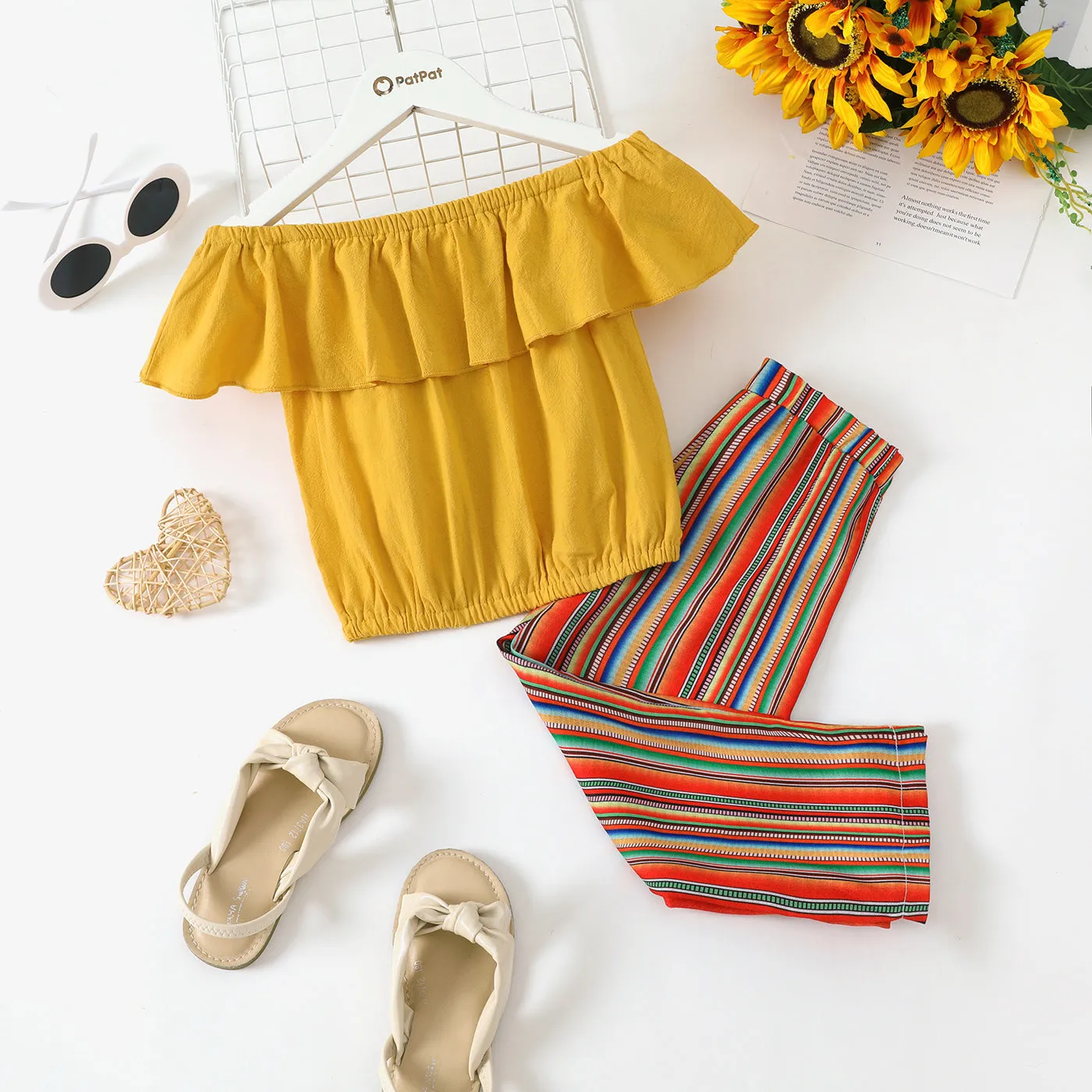 Pretty Solid Flounced Collar Top and Striped Pants Set