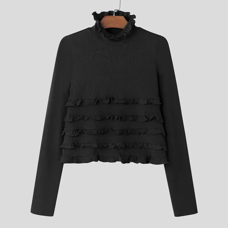 Ruffled   Ribbed Long Sleeve Top