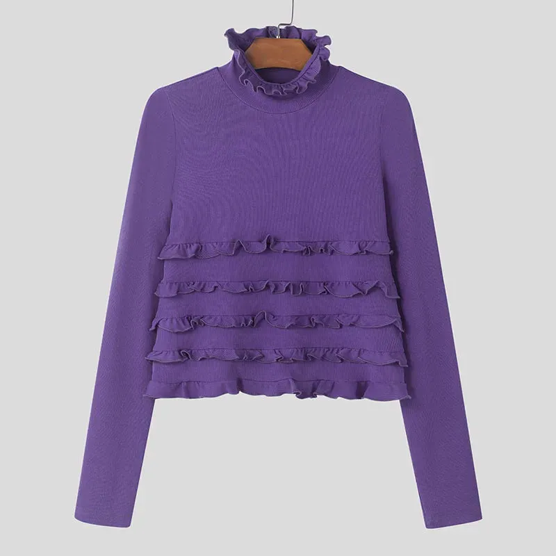 Ruffled   Ribbed Long Sleeve Top
