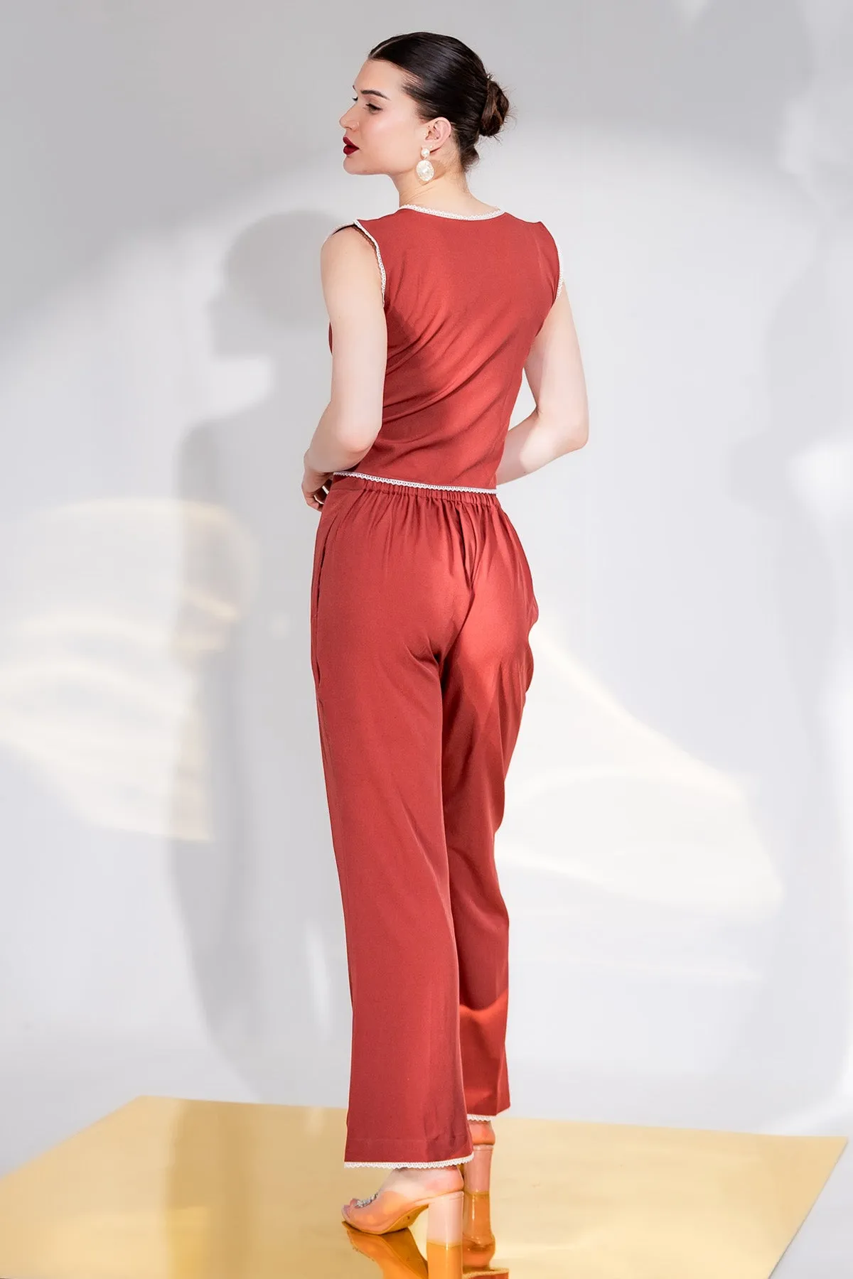 Rust V-Neck Top & Straight Pants