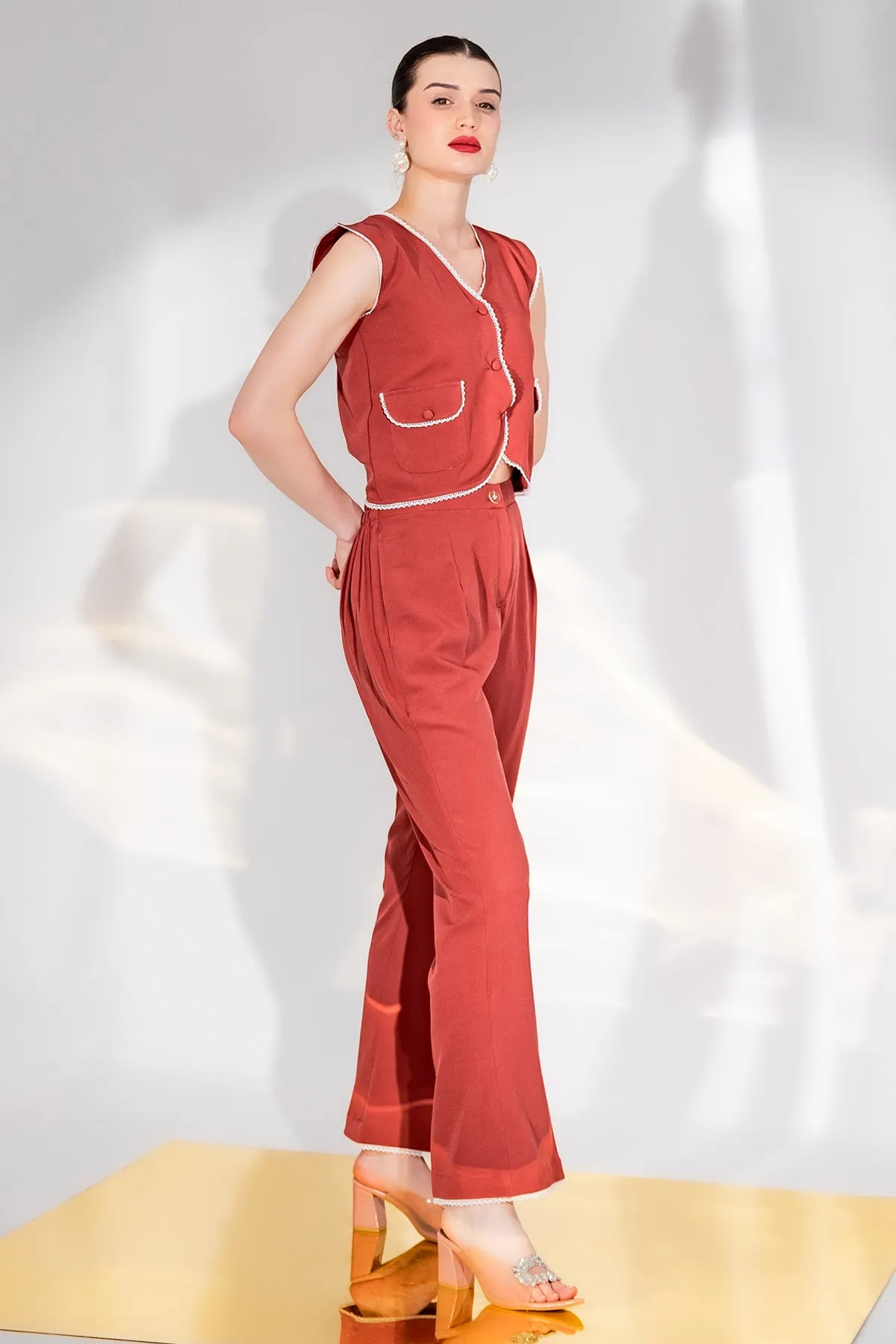 Rust V-Neck Top & Straight Pants