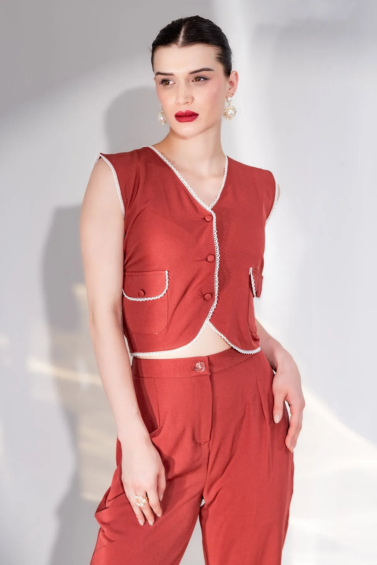 Rust V-Neck Top & Straight Pants