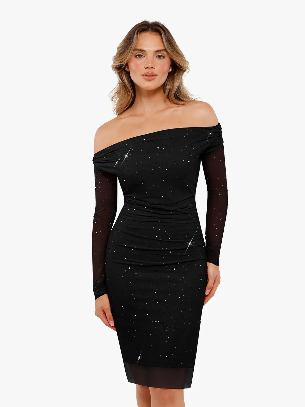 Shapewear Heat-Set Crystal Mesh Long Sleeve Slim Mini Dress For Insiders