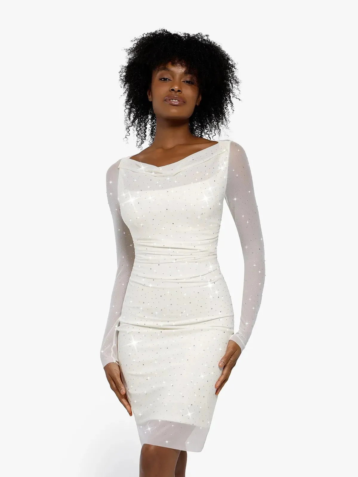 Shapewear Heat-Set Crystal Mesh Long Sleeve Slim Mini Dress For Insiders