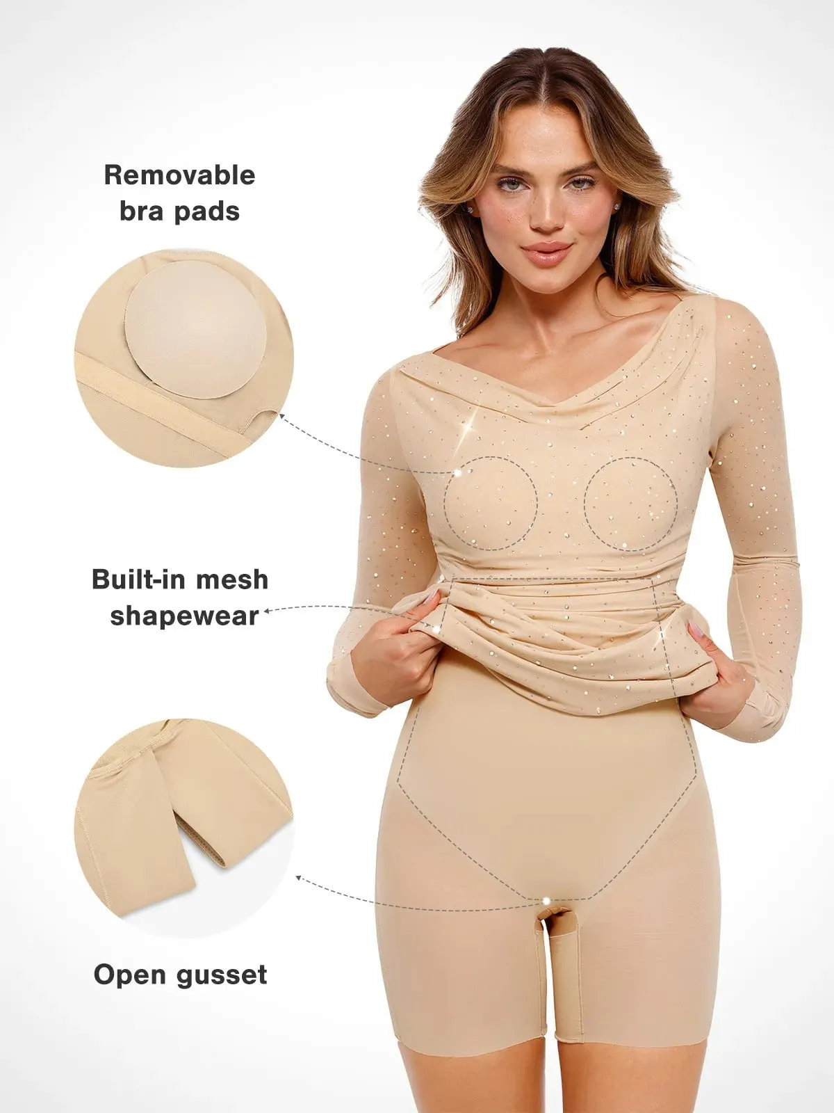 Shapewear Heat-Set Crystal Mesh Long Sleeve Slim Mini Dress For Insiders