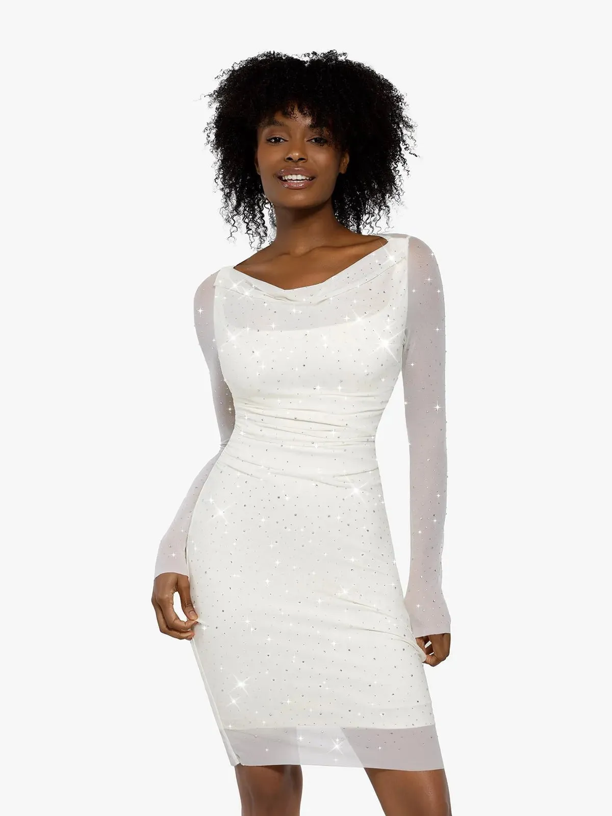 Shapewear Heat-Set Crystal Mesh Long Sleeve Slim Mini Dress For Insiders