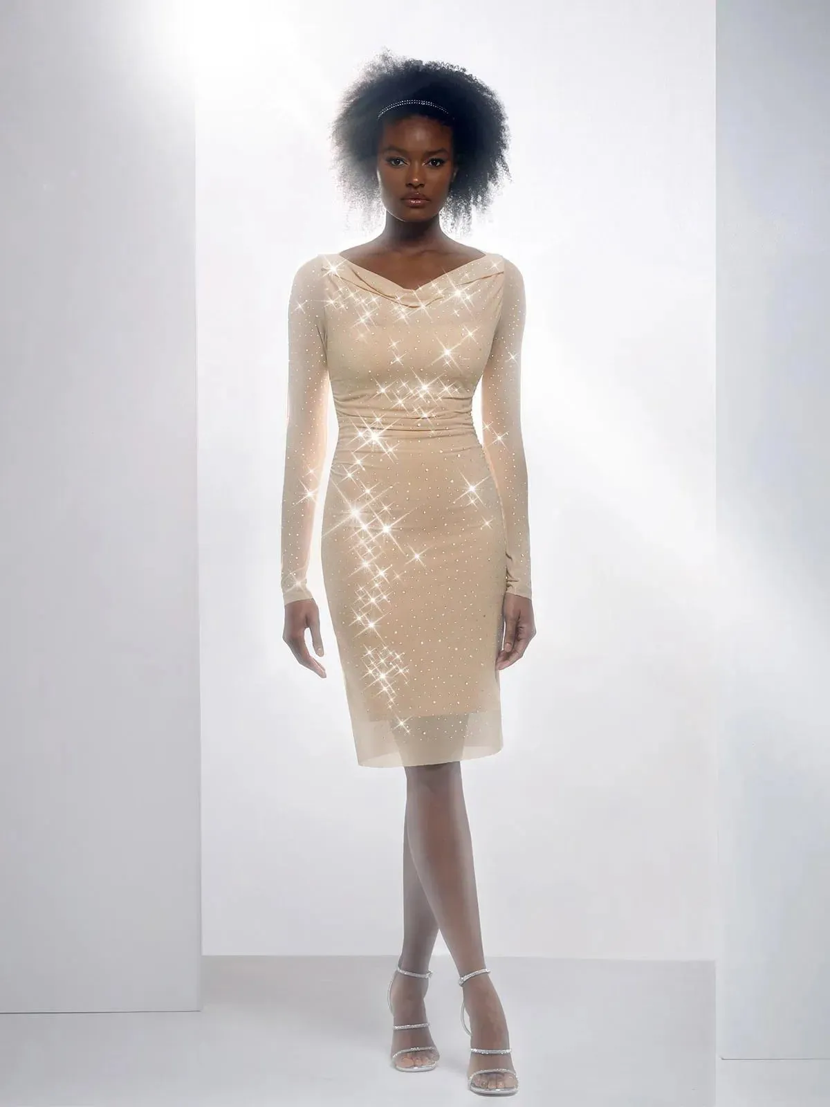 Shapewear Heat-Set Crystal Mesh Long Sleeve Slim Mini Dress For Insiders