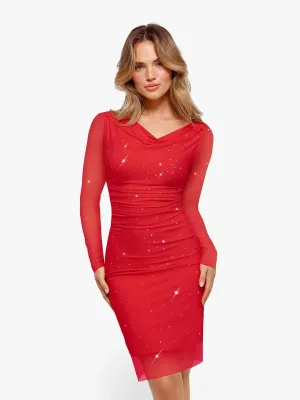 Shapewear Heat-Set Crystal Mesh Long Sleeve Slim Mini Dress For Insiders