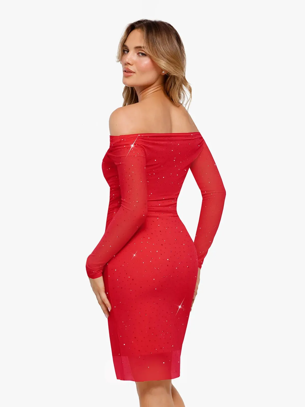 Shapewear Heat-Set Crystal Mesh Long Sleeve Slim Mini Dress For Insiders