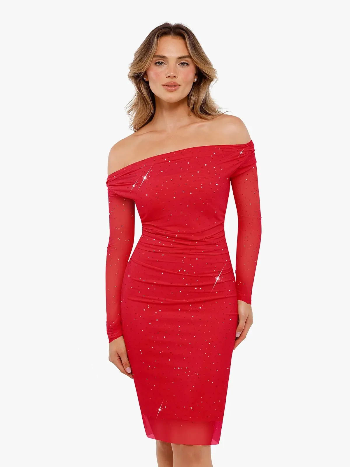 Shapewear Heat-Set Crystal Mesh Long Sleeve Slim Mini Dress For Insiders