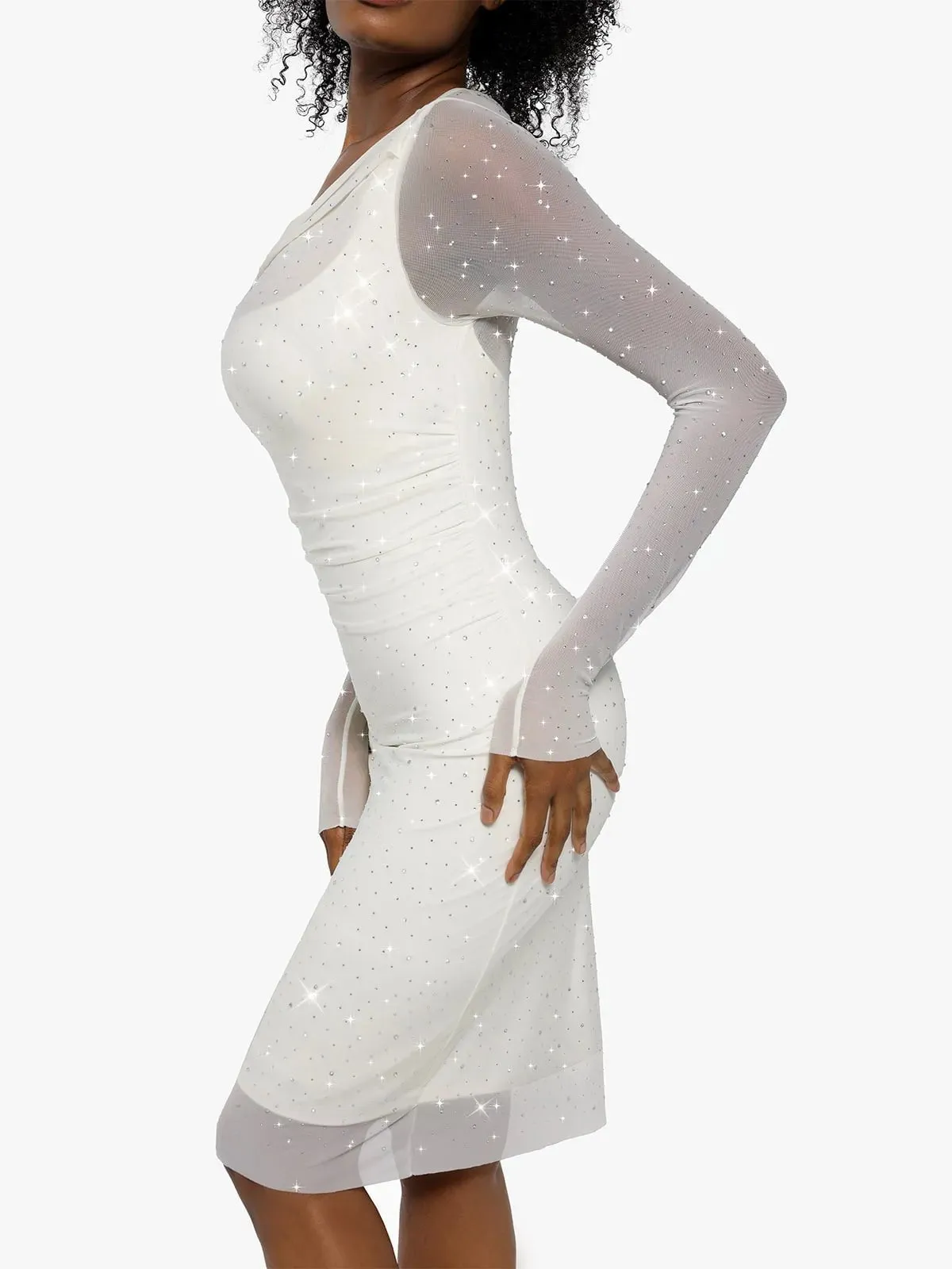 Shapewear Heat-Set Crystal Mesh Long Sleeve Slim Mini Dress For Insiders