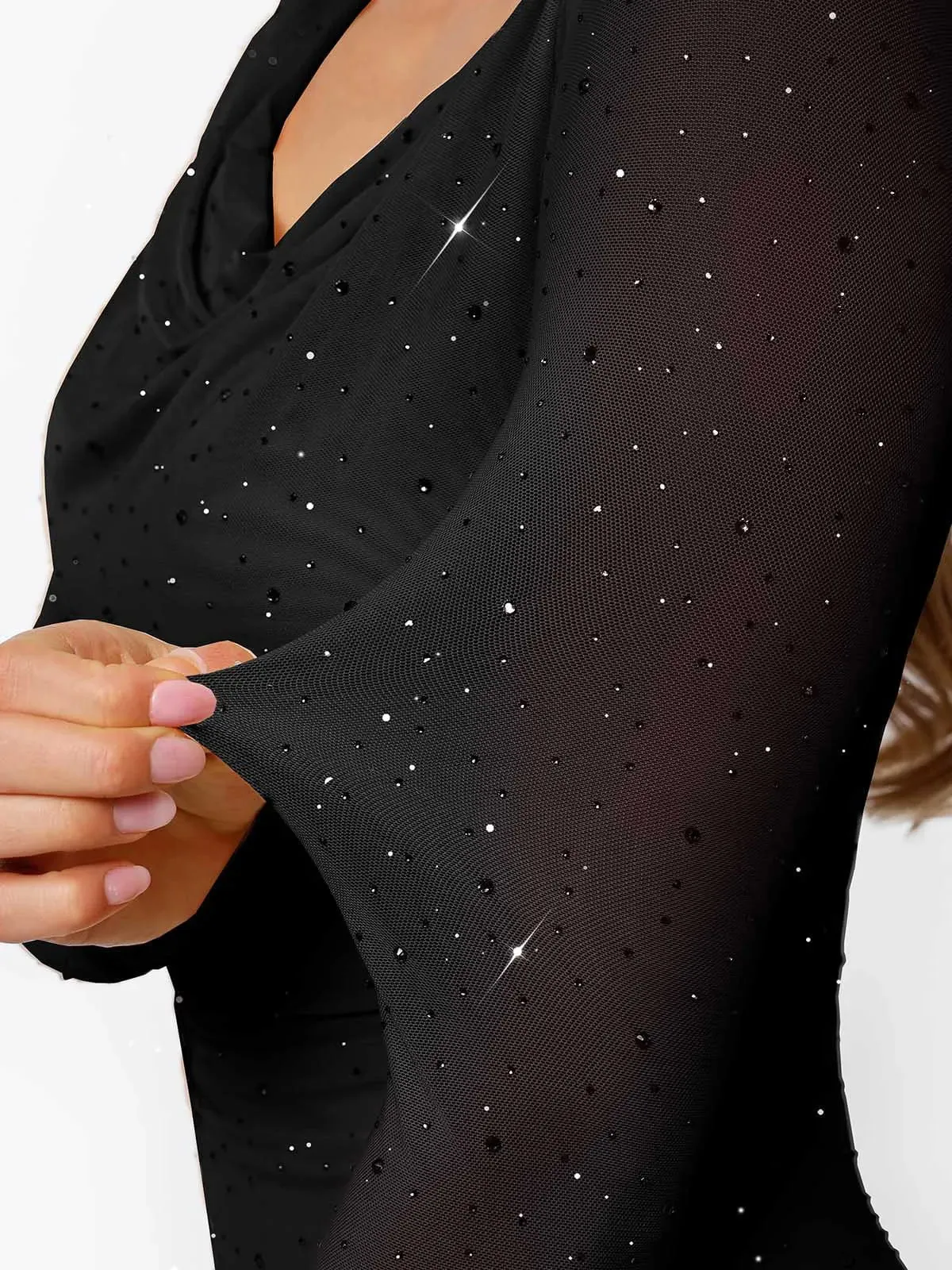 Shapewear Heat-Set Crystal Mesh Long Sleeve Slim Mini Dress For Insiders