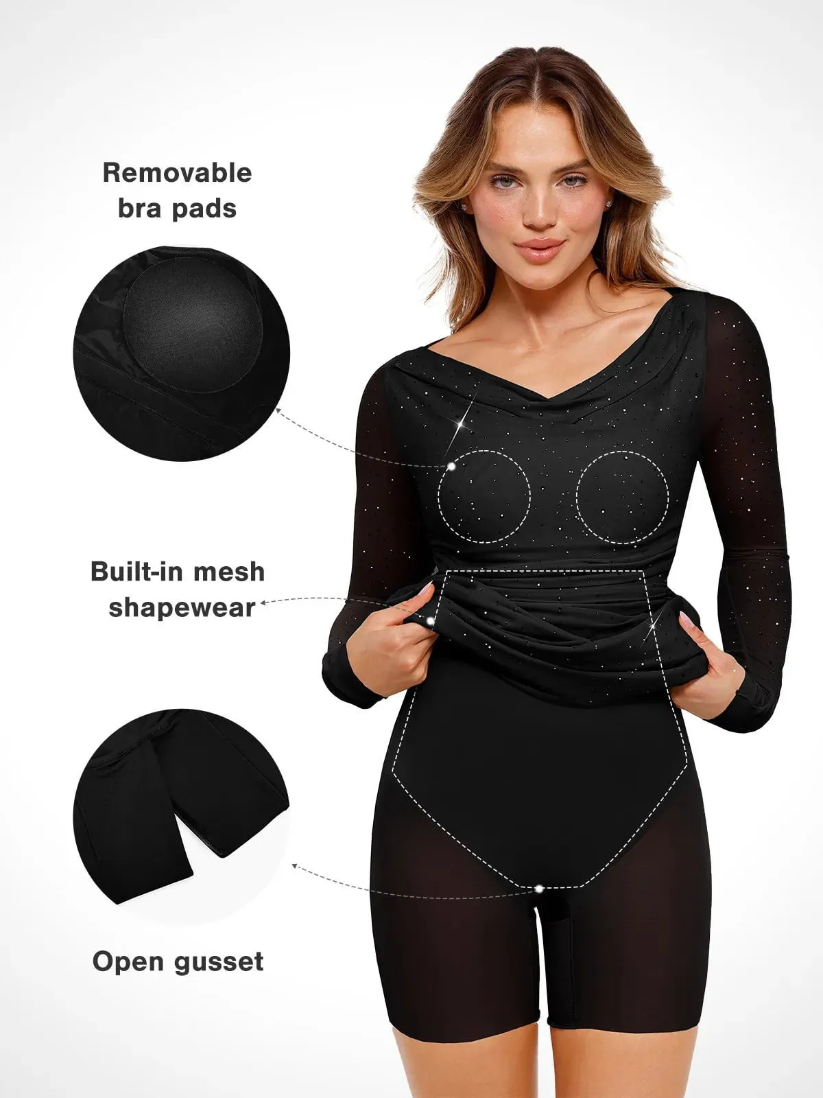 Shapewear Heat-Set Crystal Mesh Long Sleeve Slim Mini Dress For Insiders