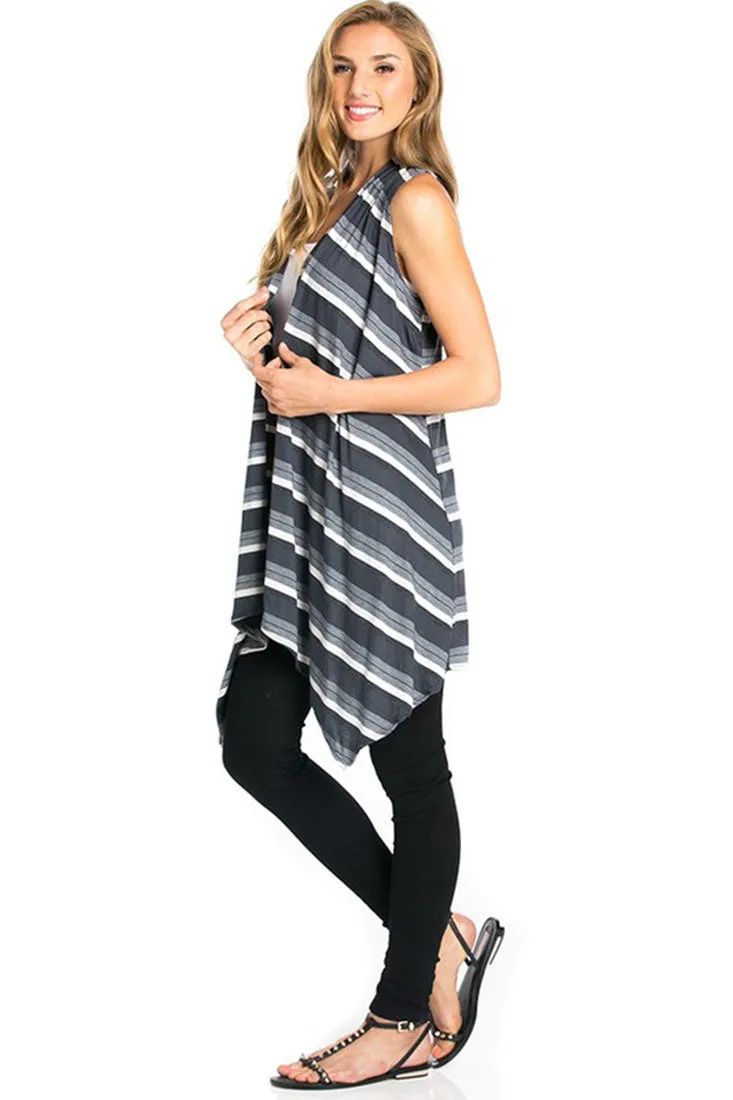 Sleeveless Asymmetric Hem Open Front Cardigan in Grey Mix