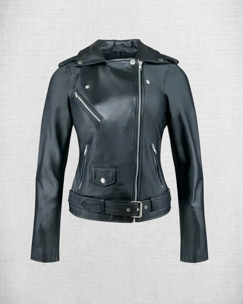 Stylish Black Leather Biker Jacket For Women