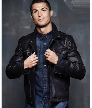 Stylish Black Leather Jacket Worn By Cristiano Ronaldo | Cristiano Ronaldo Stylish Black Leather Jacket