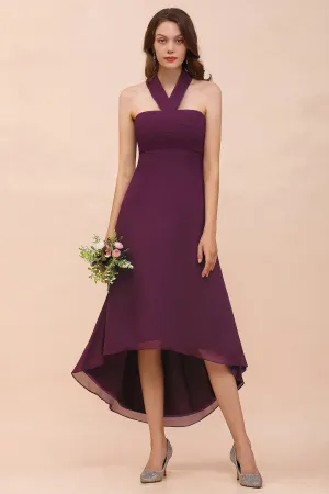 Stylish Grape A-line Halter Chiffon High Low Bridesmaid Dress