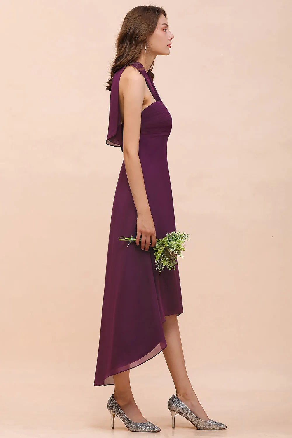 Stylish Grape A-line Halter Chiffon High Low Bridesmaid Dress