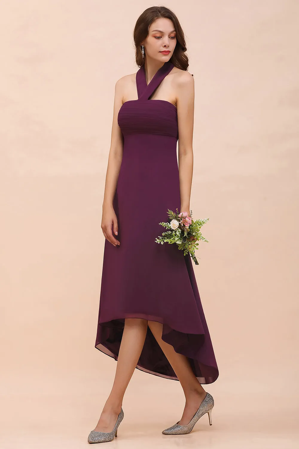 Stylish Grape A-line Halter Chiffon High Low Bridesmaid Dress