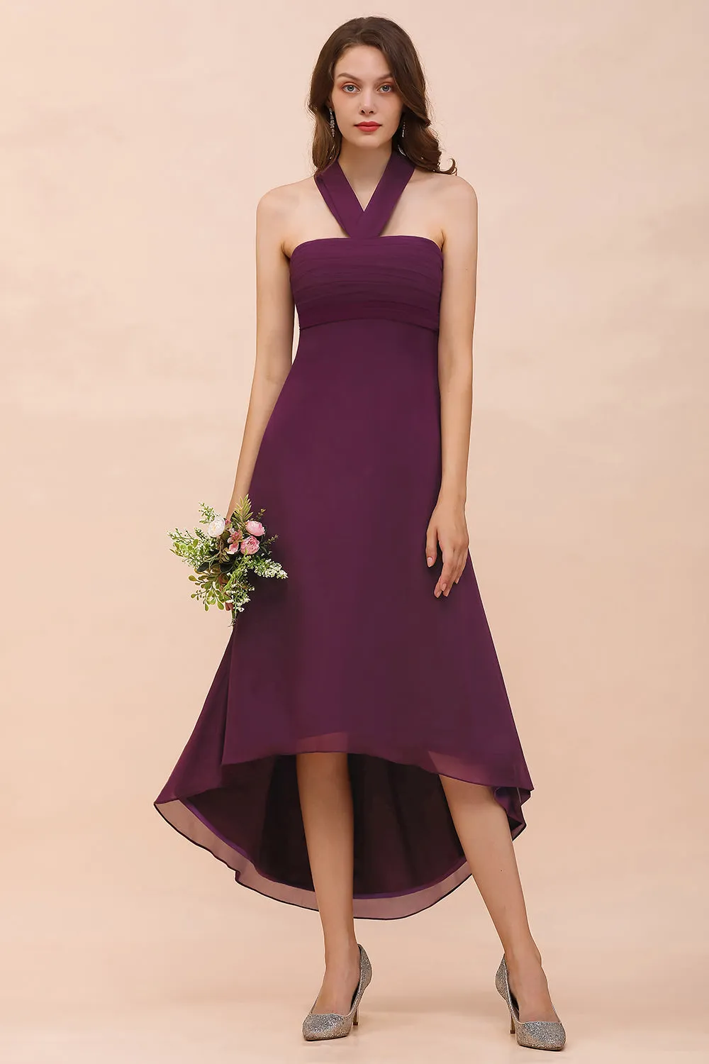 Stylish Grape A-line Halter Chiffon High Low Bridesmaid Dress