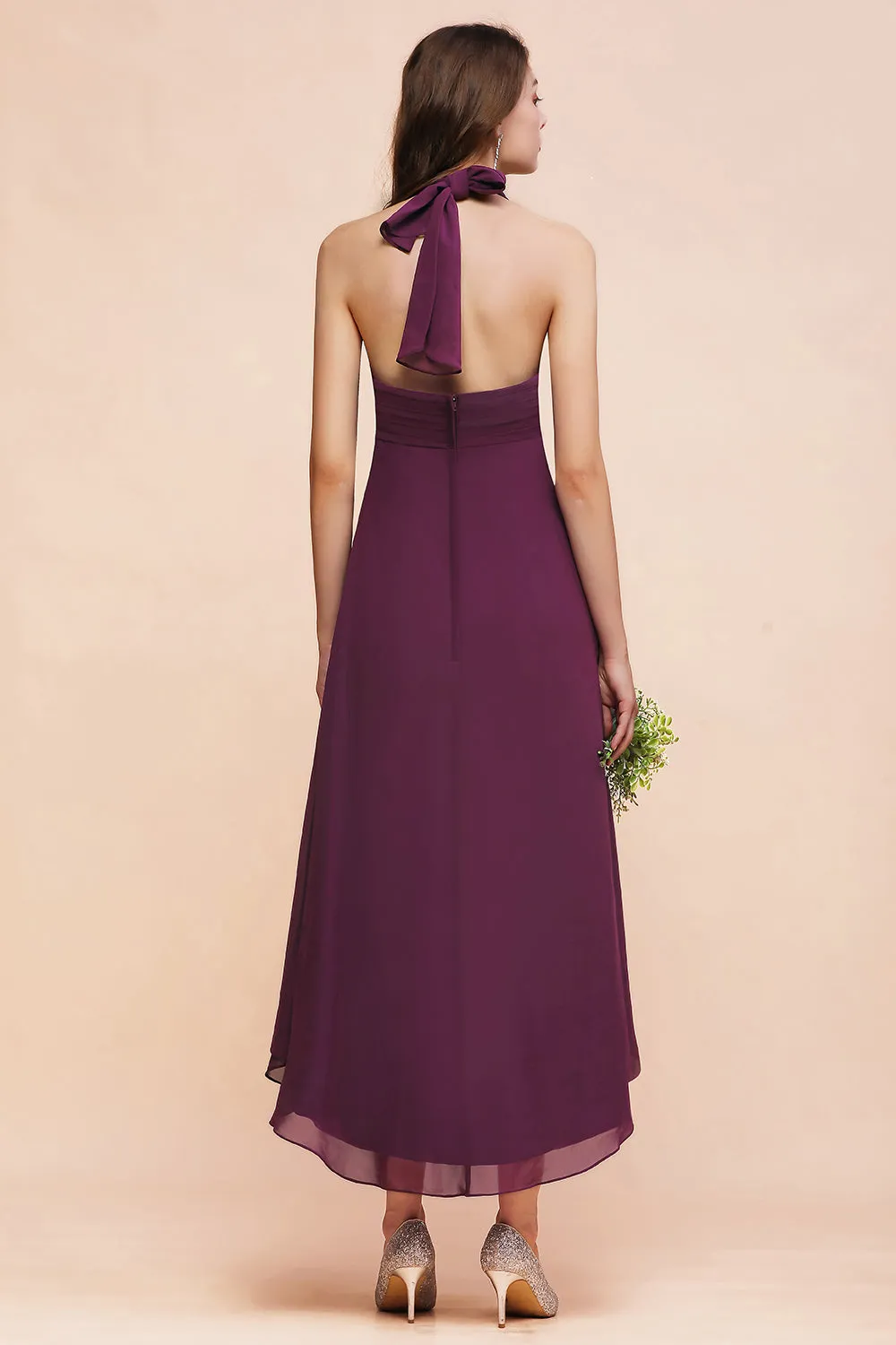 Stylish Grape A-line Halter Chiffon High Low Bridesmaid Dress