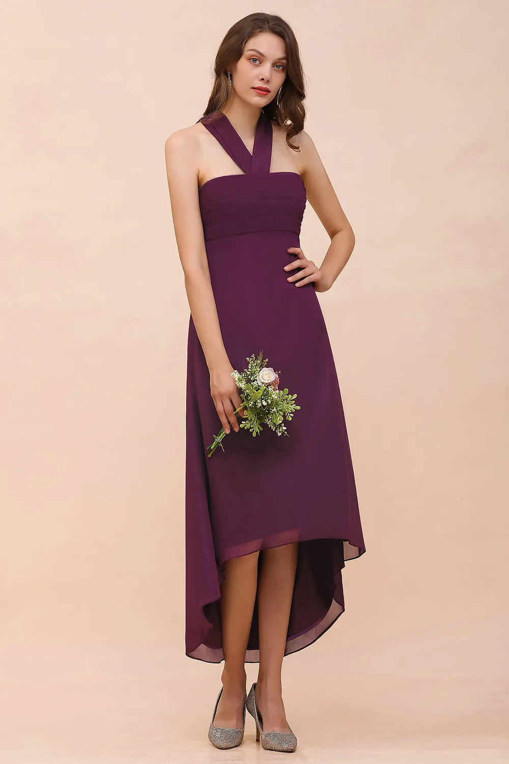 Stylish Grape A-line Halter Chiffon High Low Bridesmaid Dress