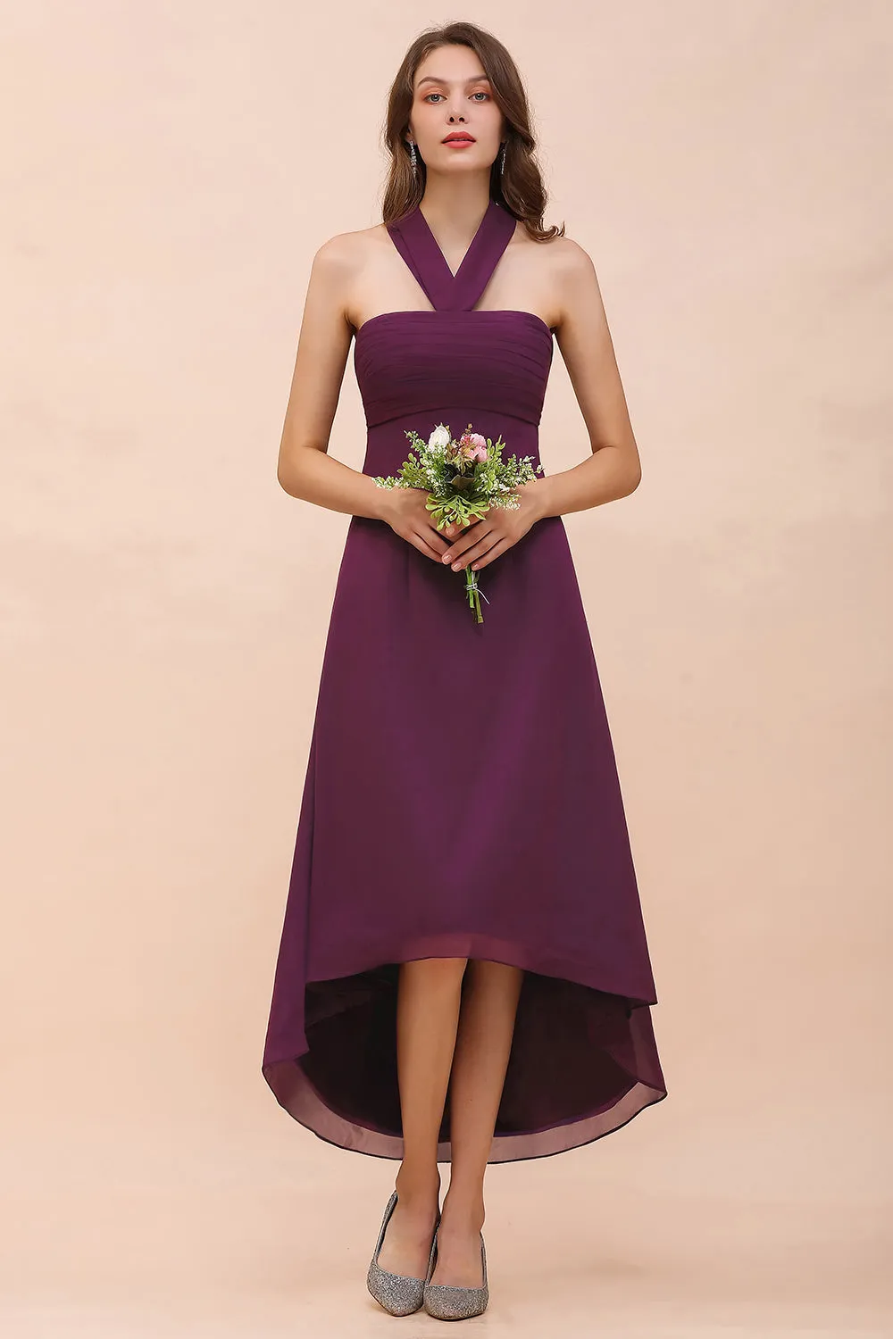Stylish Grape A-line Halter Chiffon High Low Bridesmaid Dress