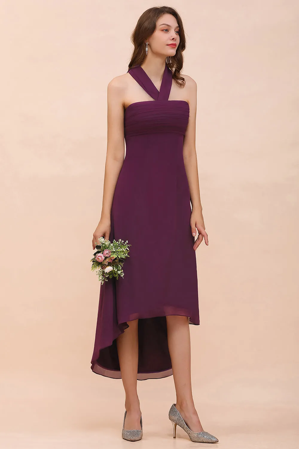 Stylish Grape A-line Halter Chiffon High Low Bridesmaid Dress