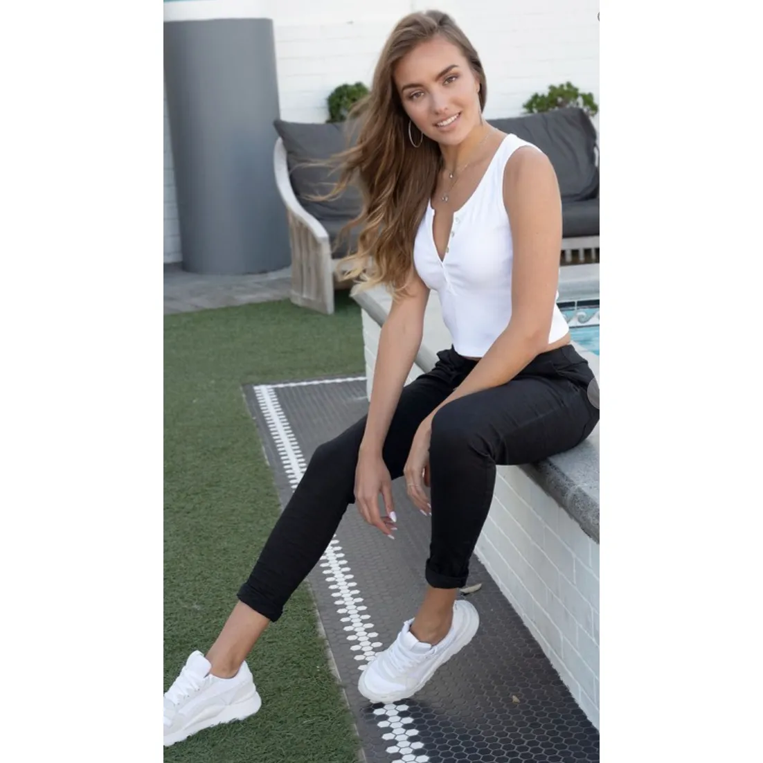 The Shasta Solid Black Drawstring Stretch Crinkle Skinny Pants