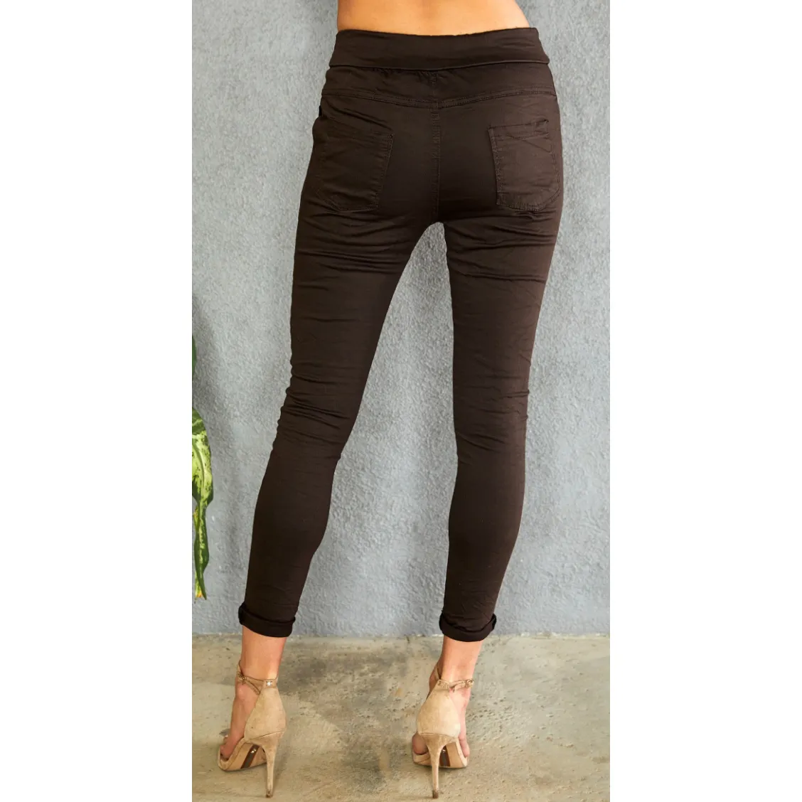 The Shasta Solid Black Drawstring Stretch Crinkle Skinny Pants