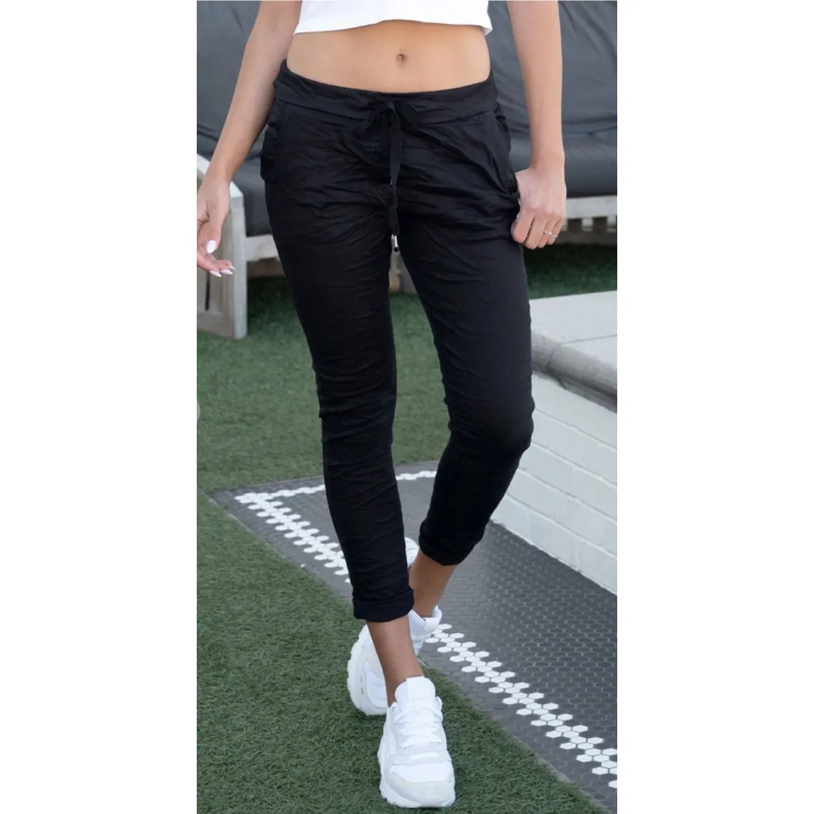 The Shasta Solid Black Drawstring Stretch Crinkle Skinny Pants