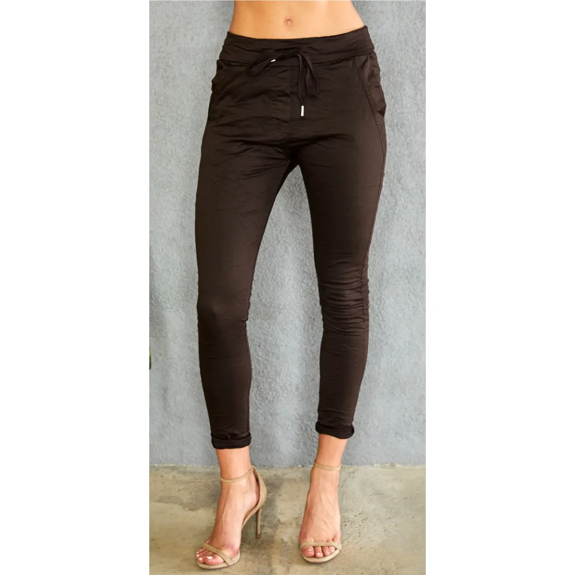The Shasta Solid Black Drawstring Stretch Crinkle Skinny Pants