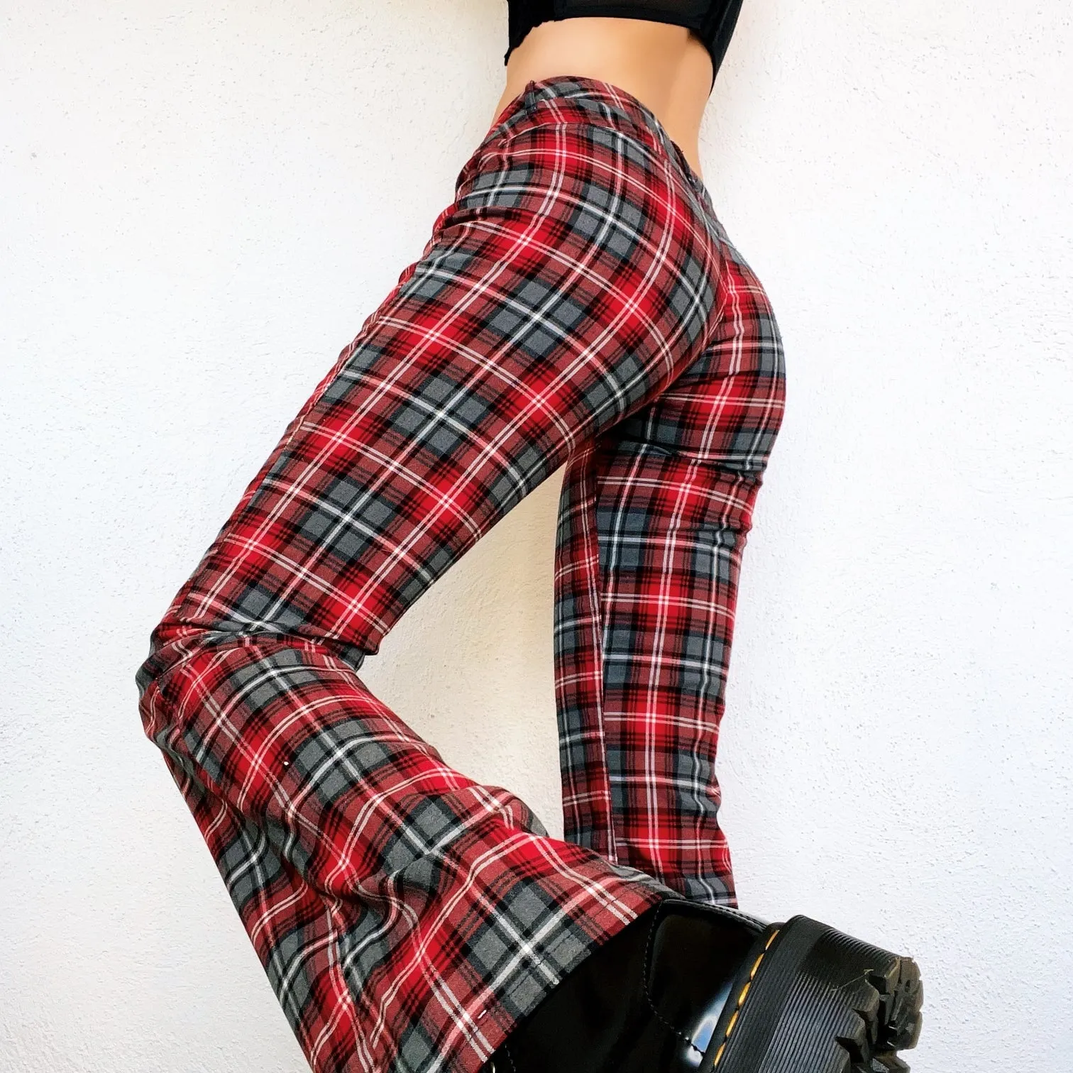 Vintage Red Plaid Flare Pants