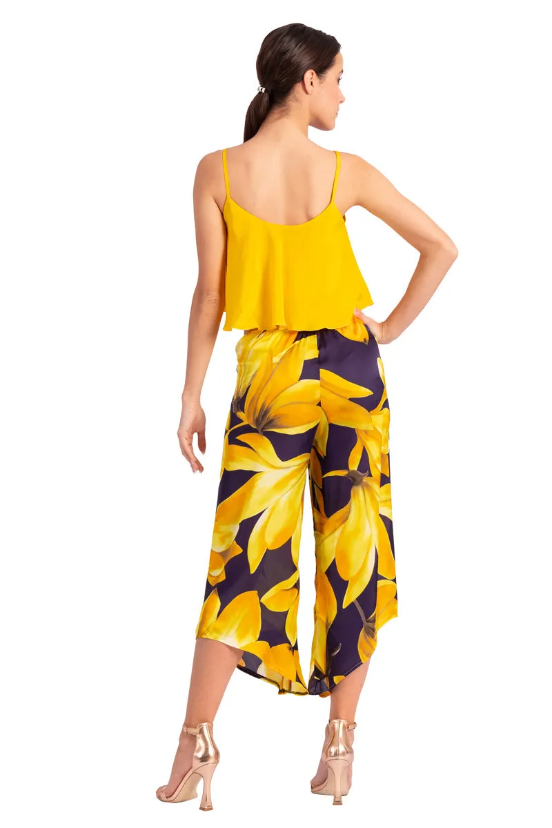 Waist Tie Yellow Floral Print Asymmetric Cropped Tango Pants