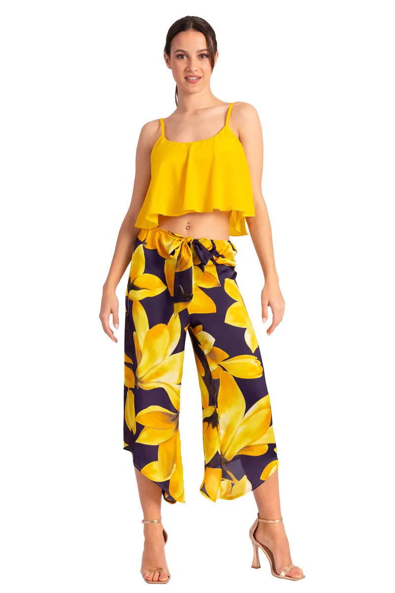 Waist Tie Yellow Floral Print Asymmetric Cropped Tango Pants
