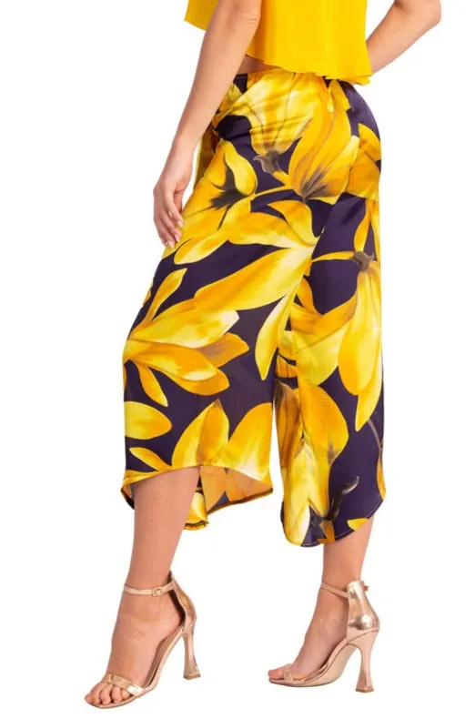Waist Tie Yellow Floral Print Asymmetric Cropped Tango Pants