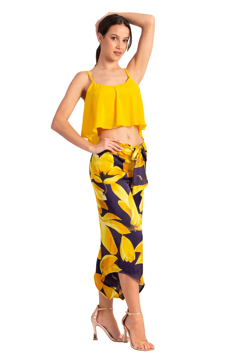 Waist Tie Yellow Floral Print Asymmetric Cropped Tango Pants
