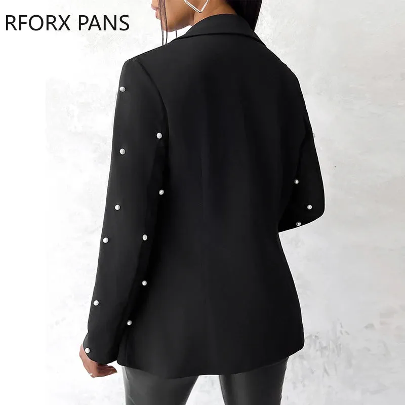 Women Elegant Solid Beading Decoration Notched Collar Blazer