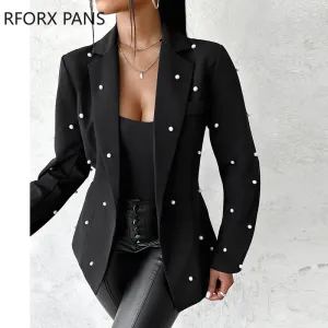 Women Elegant Solid Beading Decoration Notched Collar Blazer