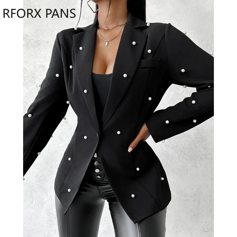 Women Elegant Solid Beading Decoration Notched Collar Blazer