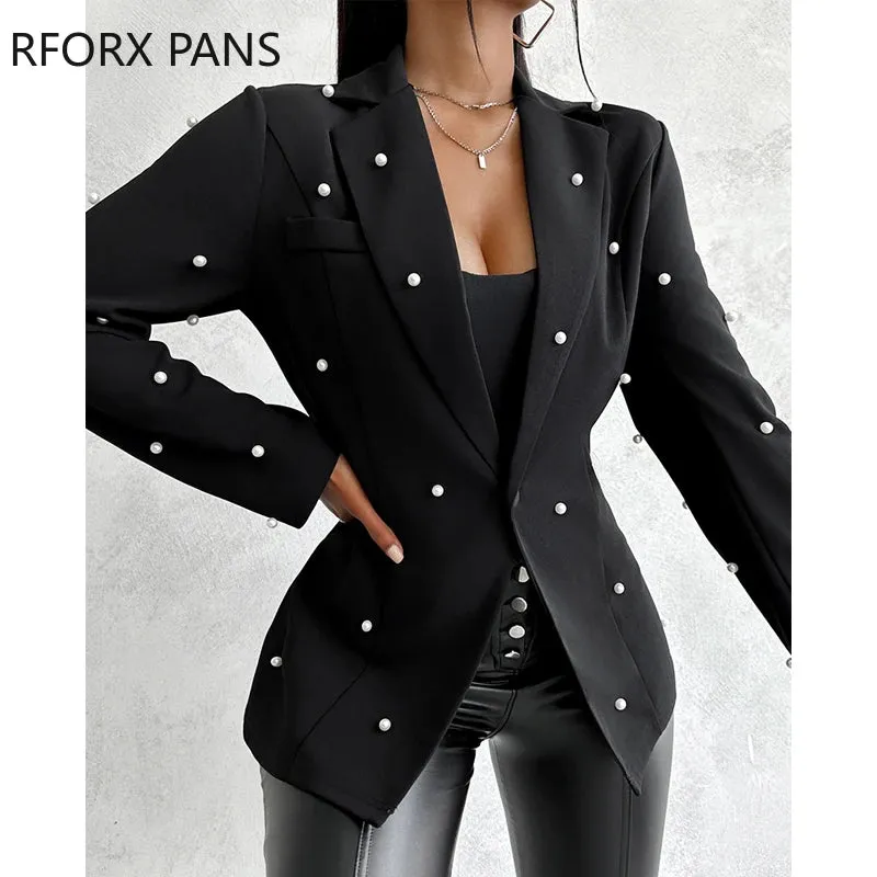 Women Elegant Solid Beading Decoration Notched Collar Blazer