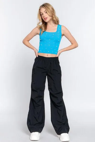 Women Top - Pearl Detail Crop Tank Top