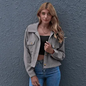 Womens Corduroy Jacket - Cropped Relaxed Fit - Button-Up - Chest Flap Pockets