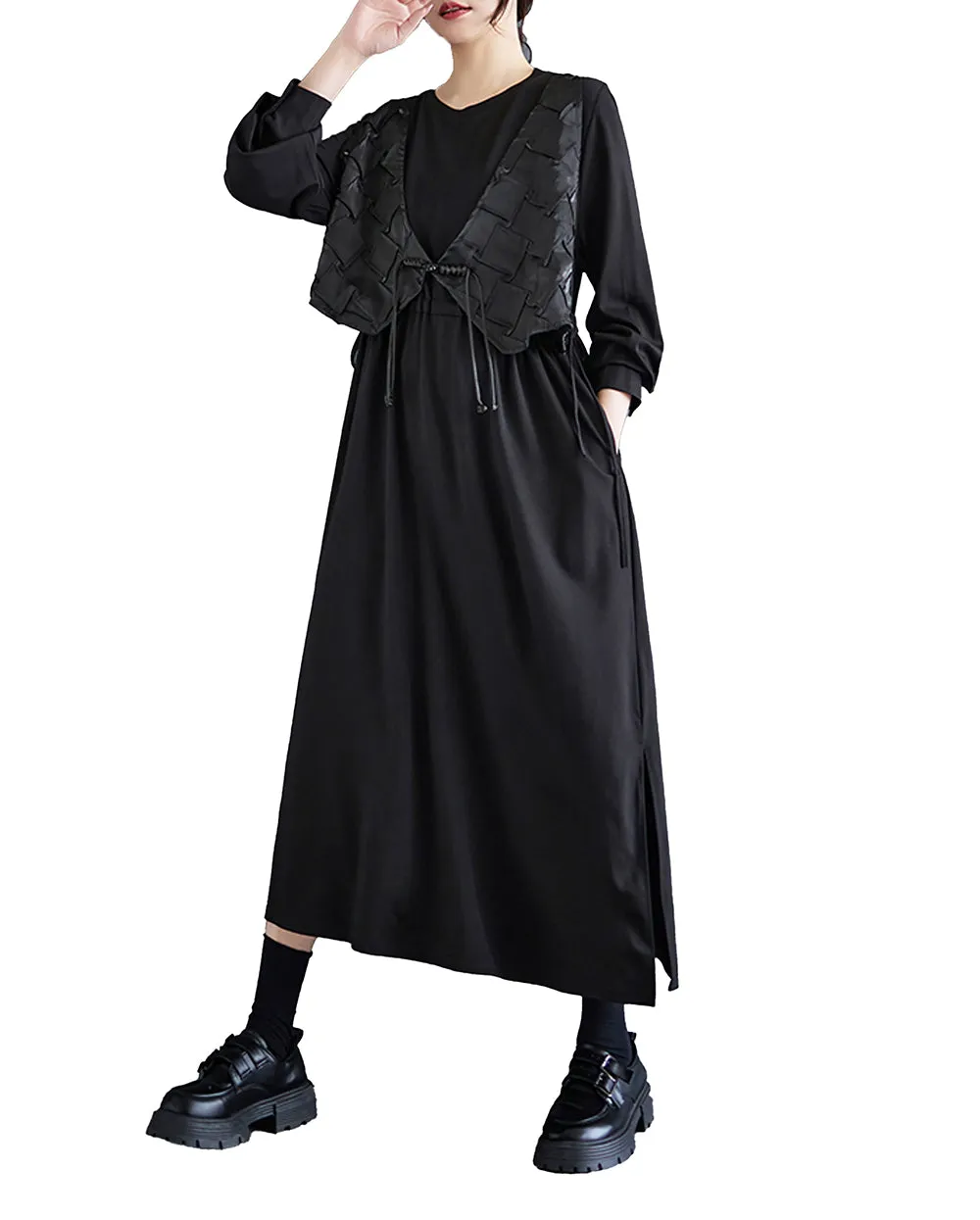 Women's Shirt Dress with Vest Long Sleeve Crewneck Tulle Solid Color Patchwork Loose GZ309